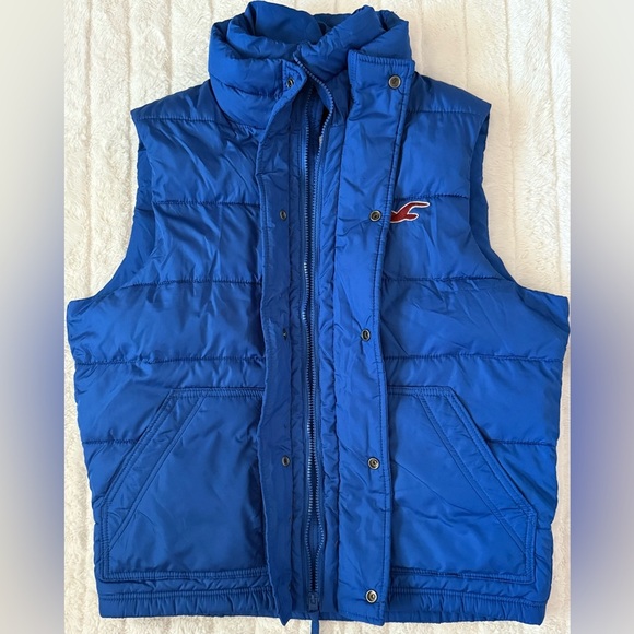 Hollister Women’s Puffer Vest Size L Cobalt Blue Full Zip Sleeveless Polyester - Picture 3 of 6